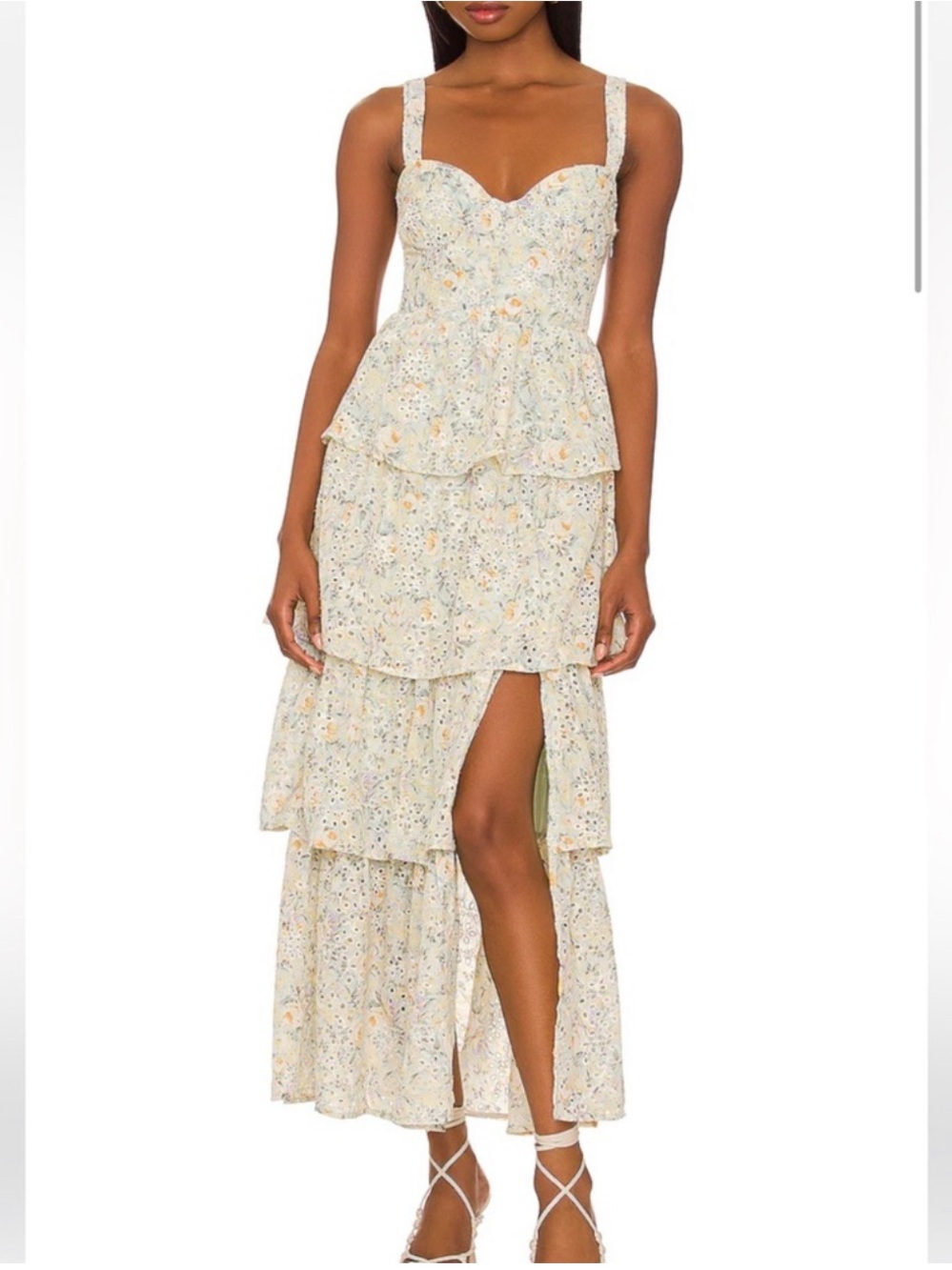 Astr Floral Tiered tired islet Midi Dress in pale shades.